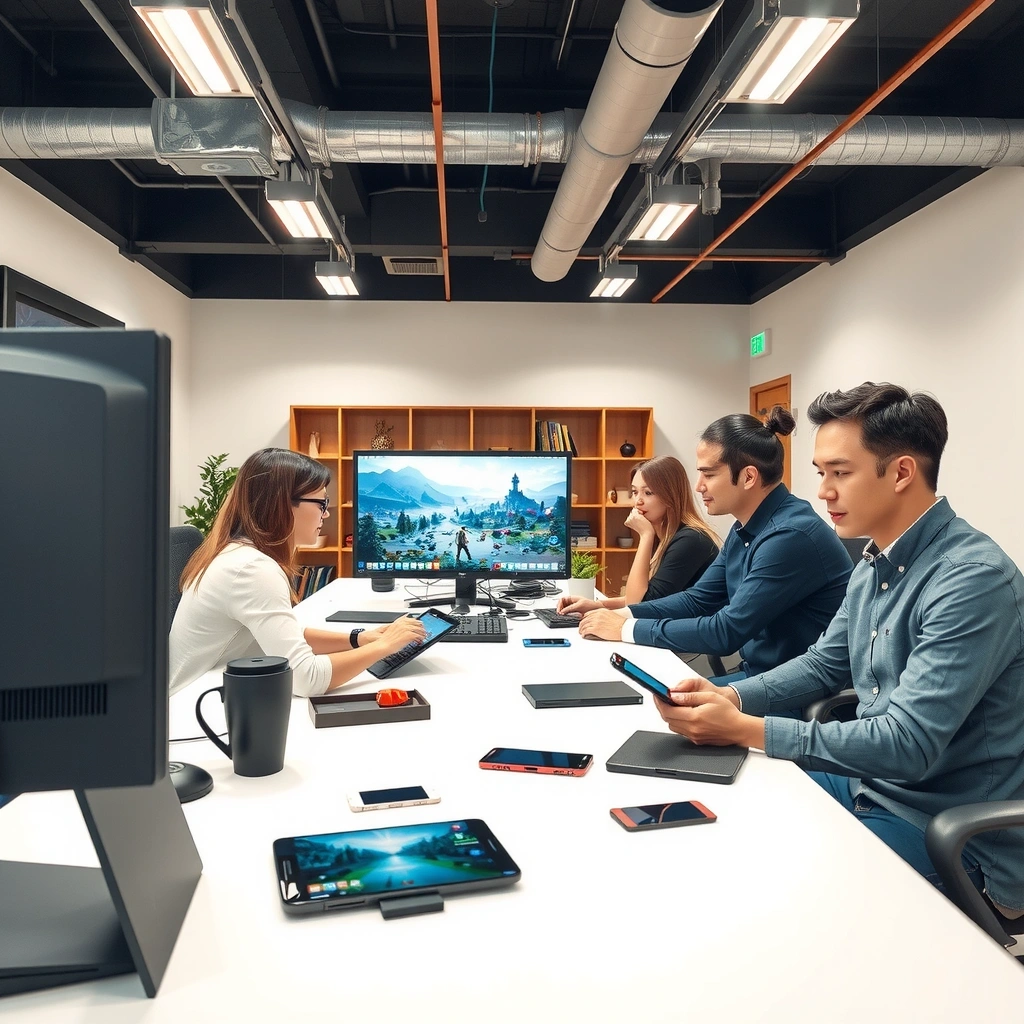 Equipo de desarrollo de DabyPener Studios trabajando en dispositivos móviles